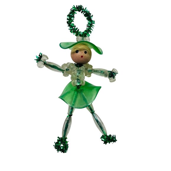 Vintage Green Beaded Winter Lady Ornament Handmade 4 inches - Picture 2 of 9